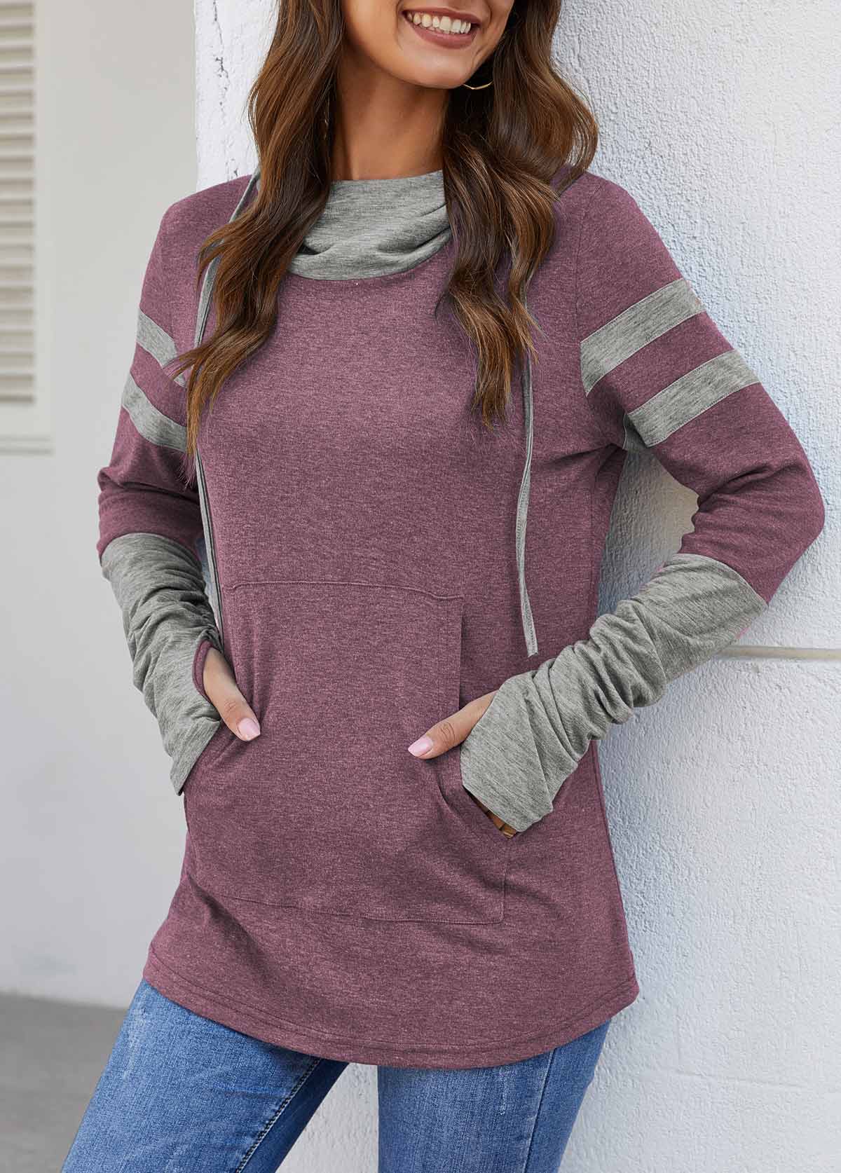 Kangaroo Pocket Dusty Pink Hooded Collar T Shirt USD 12.98