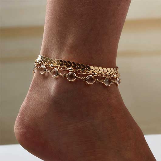 Rhinestone Metal Detail Gold Anklet Set