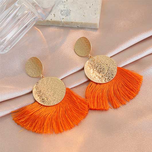 Metal Detail Tassel Design Orange Earrings