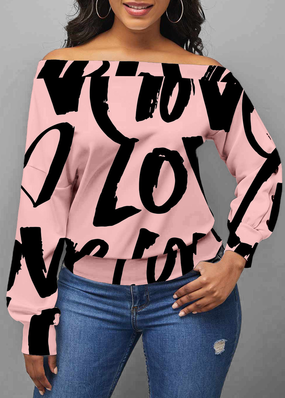 Valentines Letter Print Pink Long Sleeve Sweatshirt