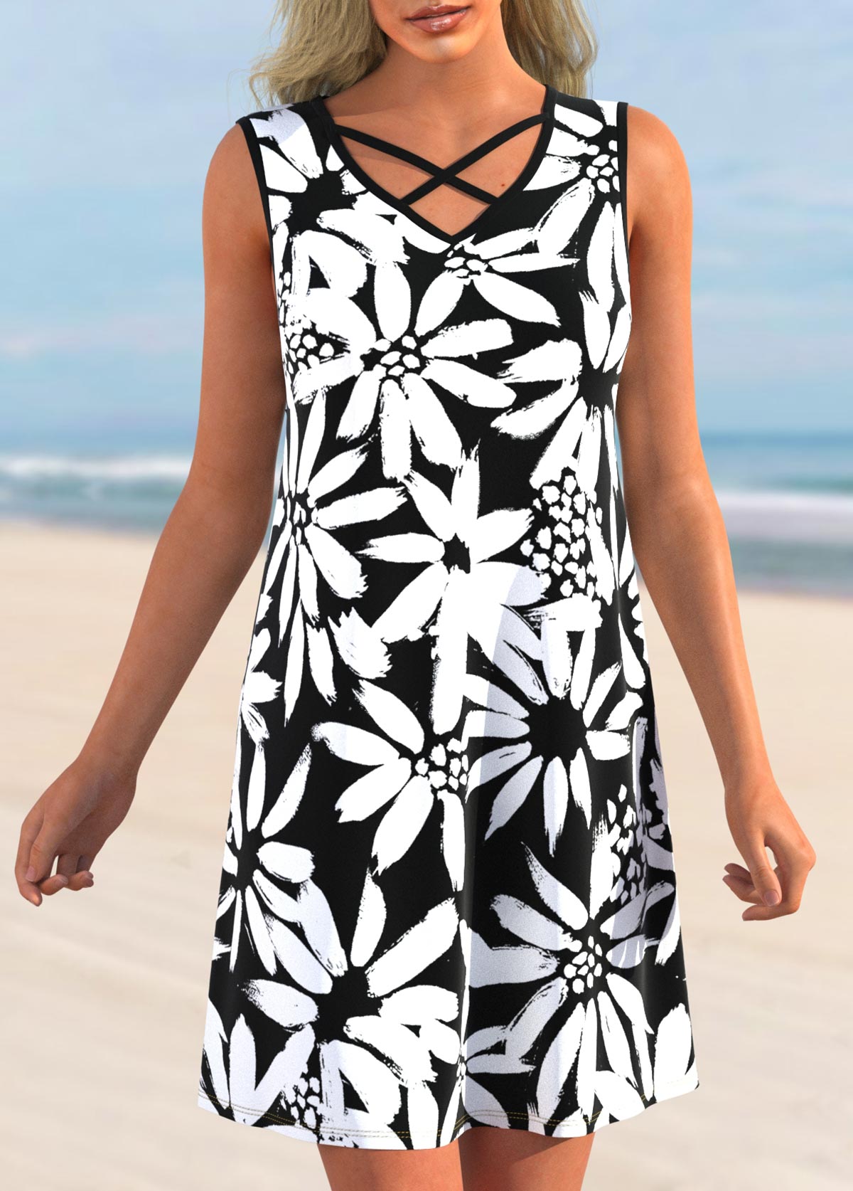 Floral Print Cross Strap Black Cover Up