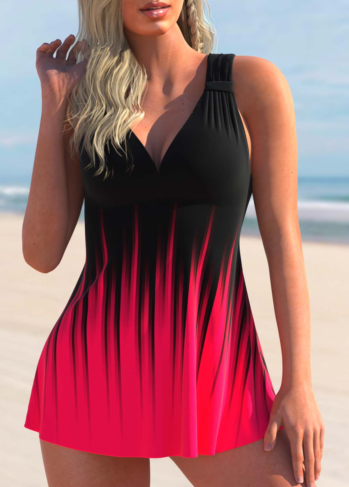 Ombre Print Wide Strap Rose Red Swimdress and Shorts