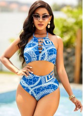 Geometric Print High Waisted Halter Bikini Set