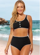 High Waisted Decorative Button Black Bikini Set | thumb picture 