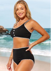 High Waisted Decorative Button Black Bikini Set | thumb picture 