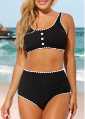 High Waisted Decorative Button Black Bikini Set