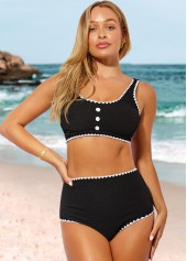 High Waisted Decorative Button Black Bikini Set | thumb picture 