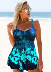 Floral Print Wide Strap Cyan Swimdress and Panty