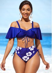 Flounce Floral Print Royal Blue Mid Waist Bikini Set