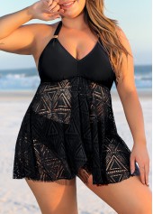 Plus Size Lace Stitching Black Swimdress Top-No Bottom | picture 1