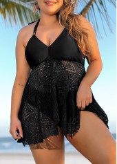 Plus Size Lace Stitching Black Swimdress Top-No Bottom | picture 5