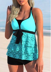 Lace Stitching Layered Hem Cyan Tankini Top-No Bottom | picture 3