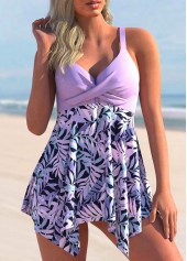 Front Cross Leaf Print Light Purple Swimdress Top-No Bottom | picture 1