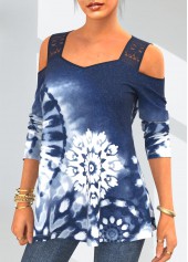 Lace Stitching Blue Tie Dye Print T Shirt | thumb picture 