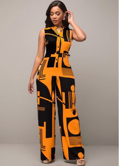 Modlily Geometric Print Side Pocket Yellow Jumpsuit - S