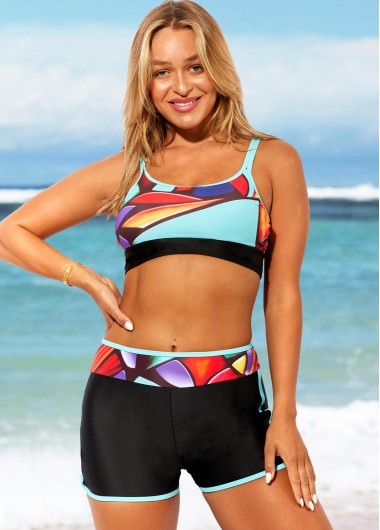 Modlily Geometric Print Black Contrast Bikini Set - L