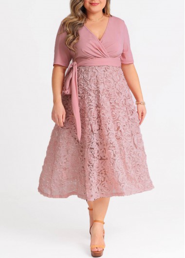 Modlily Plus Size V Neck Dusty Pink Tie Side Wrap Dress - 2X