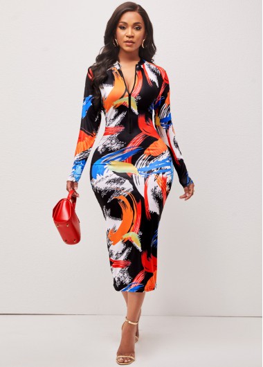 Modlily Printed Quarter Zip Long Sleeve Multi Color Bodycon Dress - L