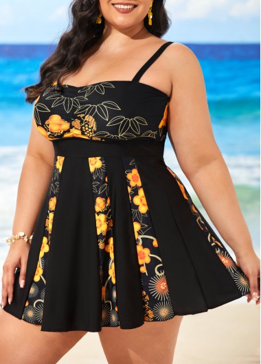 Modlily Plus Size Floral Print Black Swimdress and Panty - XL