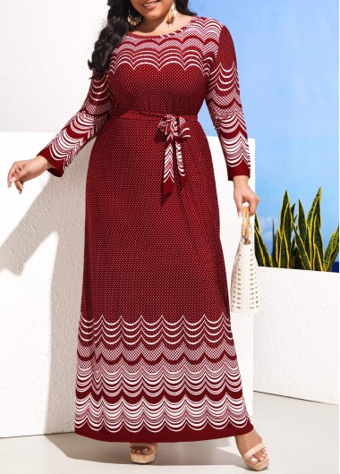 Modlily Plus Size Polka Dot Wave Print Wine Red Dress - 4XL