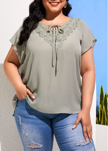 Modlily Lace Stitching Sage Green Plus Size T Shirt - 3XL