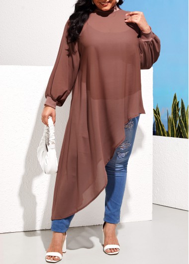 Modlily Asymmetric Hem Plus Size Light Khaki T Shirt - S