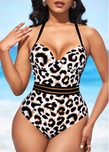 Modlily Leopard White Cross Strap One Piece Swimwear - S