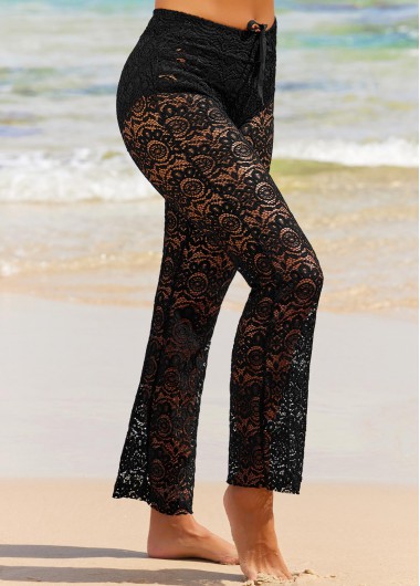 Modlily Black Lace Panel Drawstring Waist Beach Pants - M