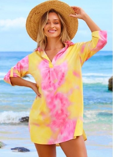 Modlily Tie Dye Print Turndown Collar Yellow Cover Up - 2XL