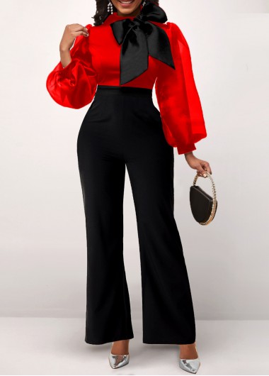 Modlily Bowknot Color Block Mesh Stitching Valentine Jumpsuit - M