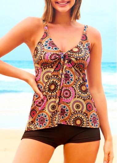 Modlily Tribal Print Multi Color Tie Front Tankini Set - 3XL