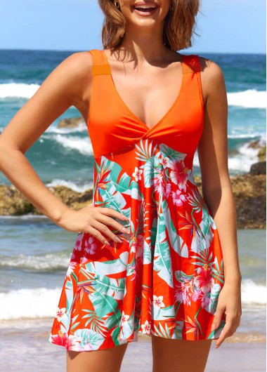 Modlily V Neck Tropical Print Orange Swimdress and Shorts - L