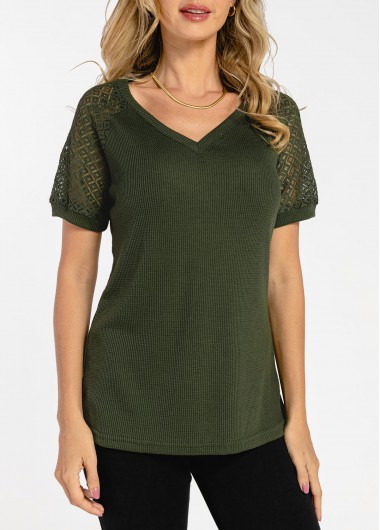 Modlily Lace Patchwork Army Green Waffle Knit T Shirt - XL