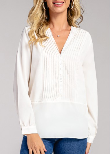 Modlily Long Sleeve V Neck Beige Crinkle Chest Blouse - L