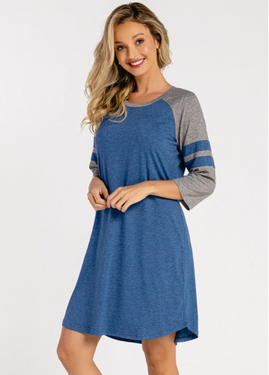 Modlily Striped Round Neck Blue 3/4 Sleeve Nightdress - S