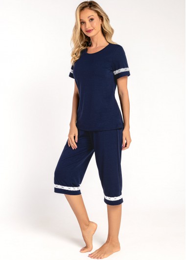 Modlily Lace Stitching Navy Blue Short Sleeve Loungewear Set - S