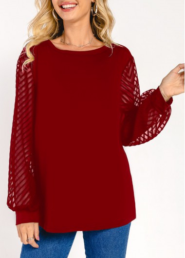 Modlily Lantern Sleeve Wine Red Mesh Stitching T Shirt - 2XL