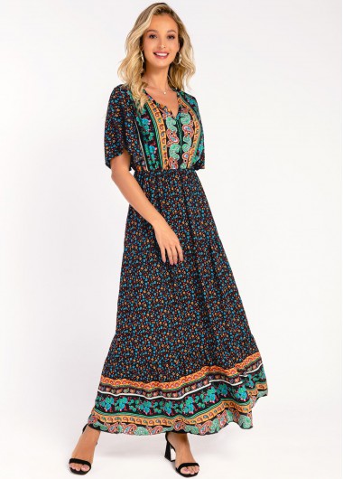 Modlily Flare Sleeve Tribal Print V Neck Dress - L