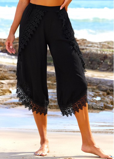 Modlily Black High Waisted Lace Stitching Beach Pants - L