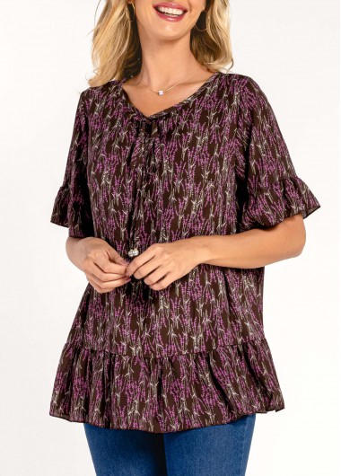 Modlily Floral Print Tie Front Pearl Purple T Shirt - XL