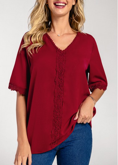 Modlily Lace Patchwork V Neck Wine Red Blouse - M