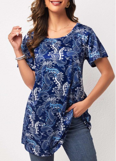 Modlily Round Neck Paisley Print Blue T Shirt - 3XL
