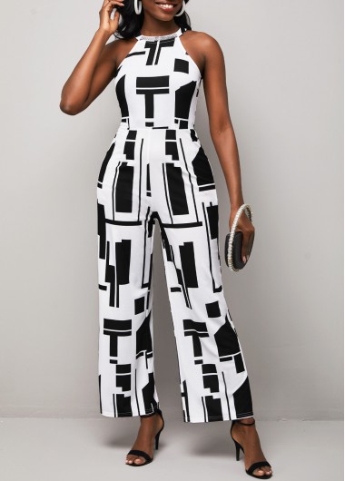 Hot Drilling Geometric Print Color Block Halter Jumpsuit     2nd 10%, 3rd 20%, 4th 40%