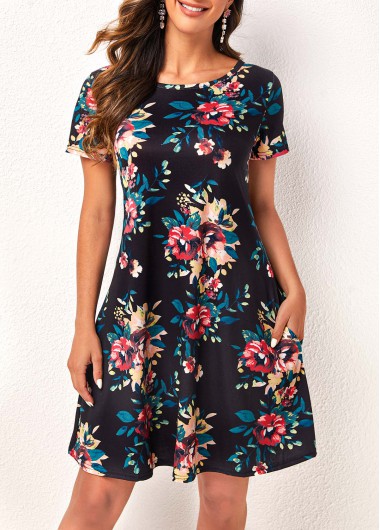 Modlily Floral Print Black Pocket Short Sleeve Dress - M