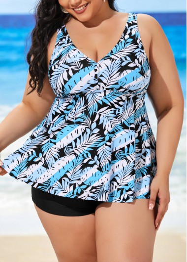 Modlily Tropical Print Light Blue Plus Size Tankini Set - L