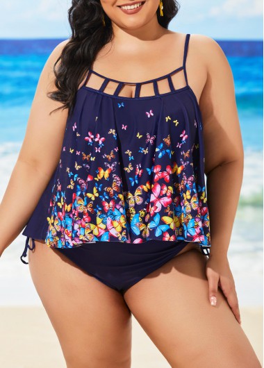 Modlily Plus Size Navy Blue Spaghetti Strap Tankini Set - 3XL