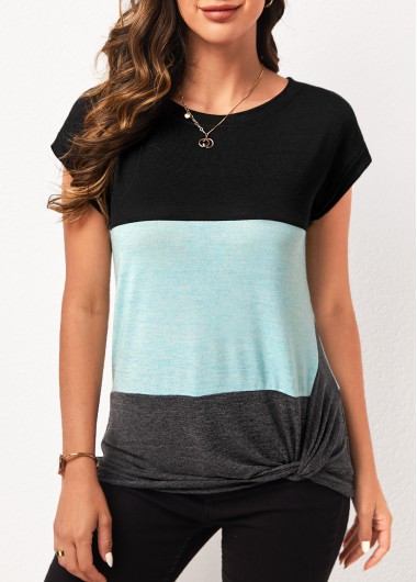 Modlily Twist Hem Cyan Contrast Round Neck T Shirt - L