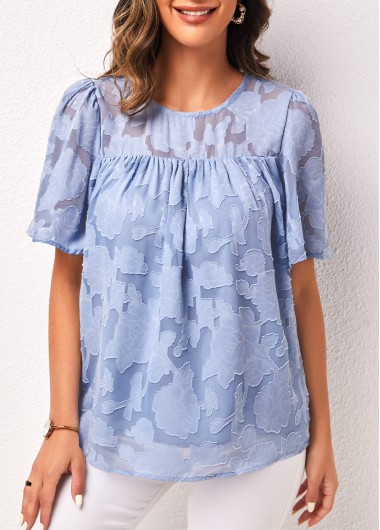 Modlily Round Neck Light Blue Lace Keyhole Back Blouse - M