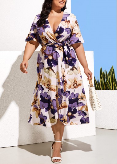 Modlily Plus Size Floral Print V Neck Multi Color Dress - 3XL