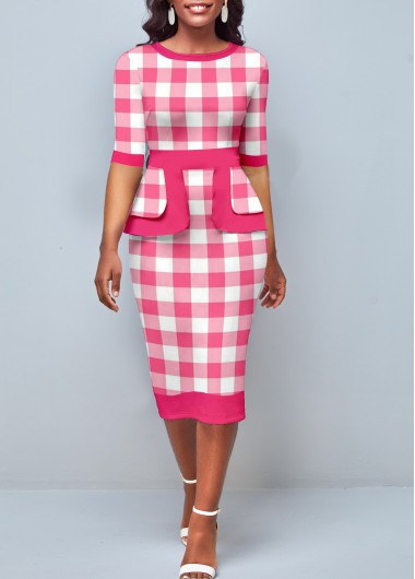 Modlily Plaid Pink Round Neck Bodycon Dress - M